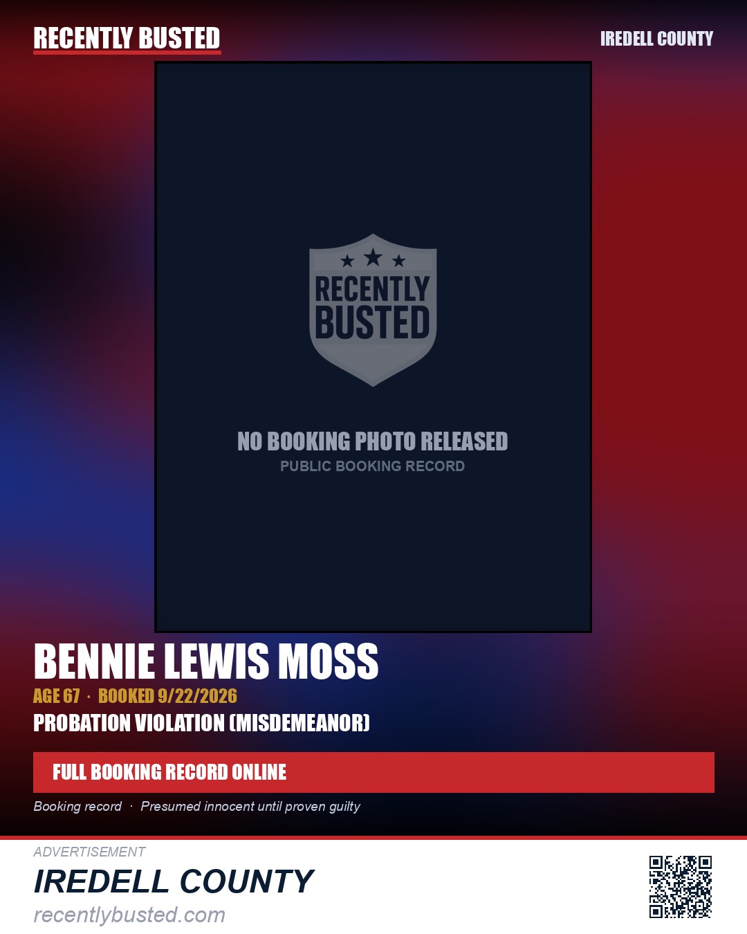 BENNIE LEWIS MOSS — arrest record card, Iredell County