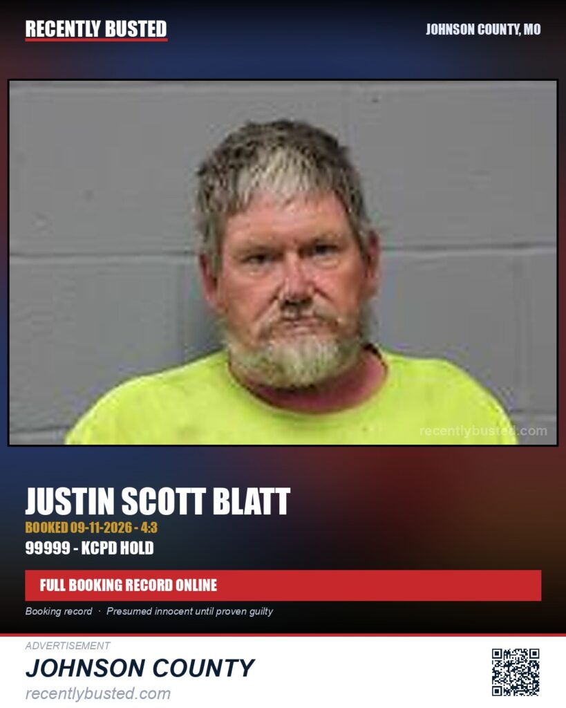 BLATT, JUSTIN SCOTT — arrest record card, Johnson County, Missouri