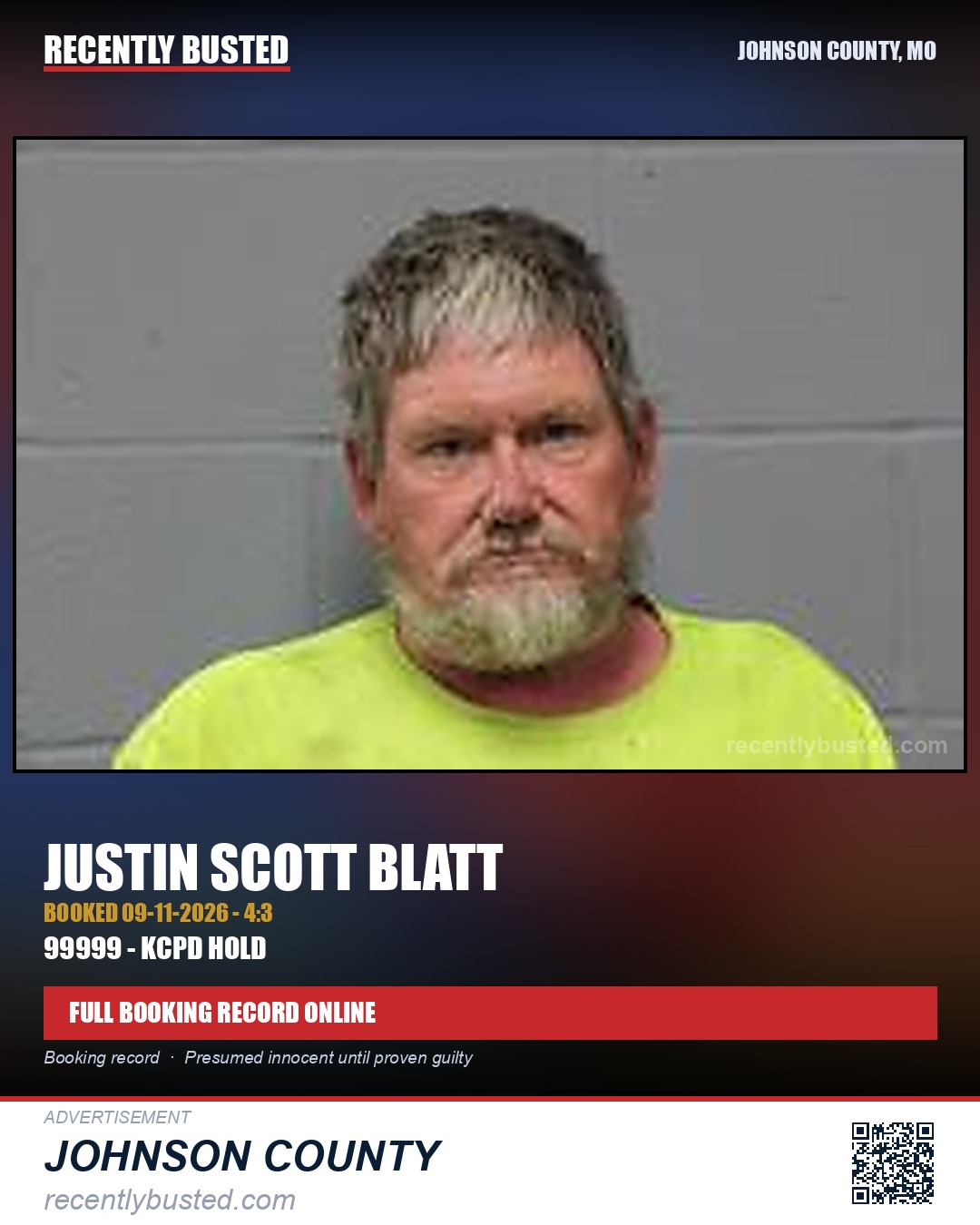 BLATT, JUSTIN SCOTT — arrest record card, Johnson County, Missouri