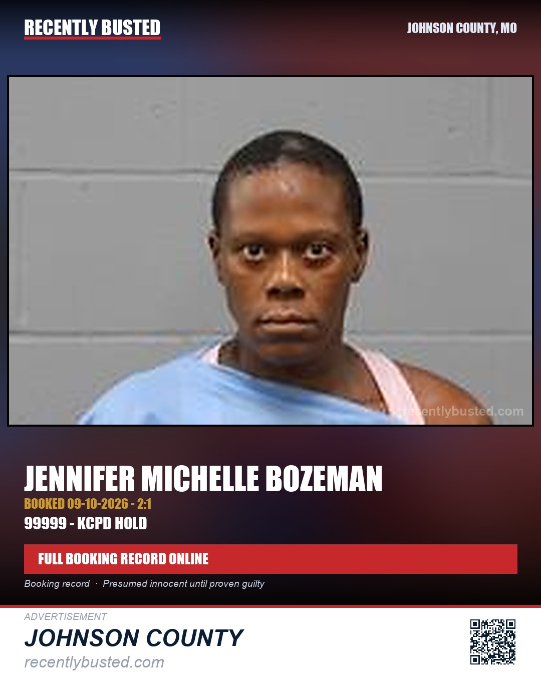 BOZEMAN, JENNIFER MICHELLE — arrest record card, Johnson County, Missouri