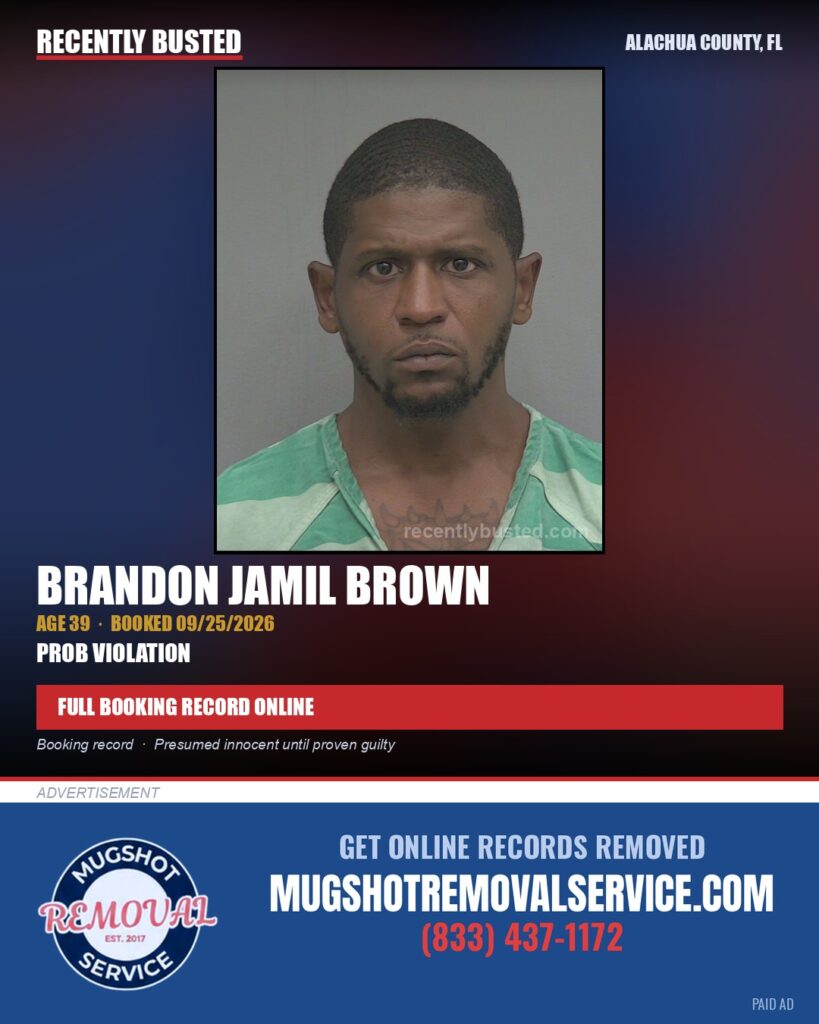 Brandon Jamil Brown — arrest record card, Alachua County, Florida