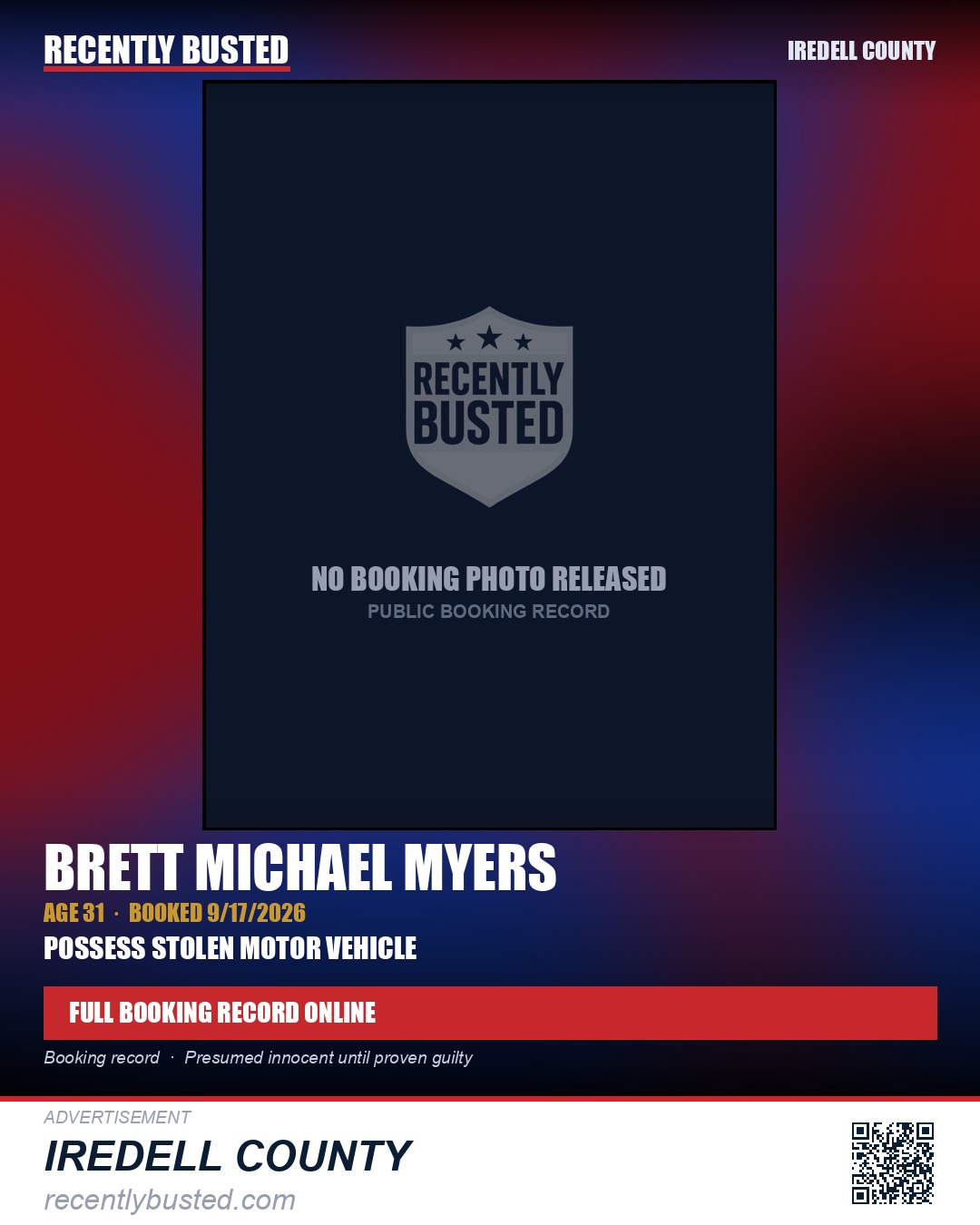 BRETT MICHAEL MYERS — arrest record card, Iredell County
