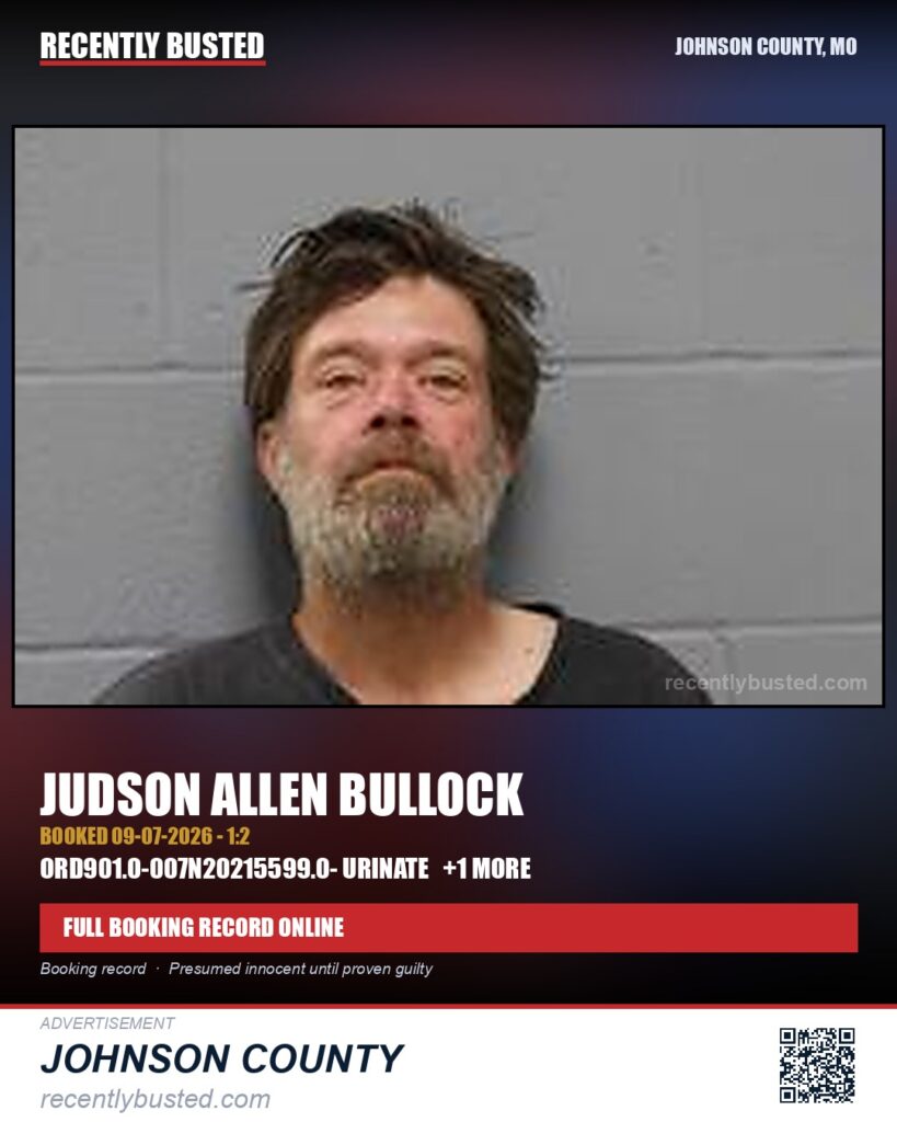 BULLOCK, JUDSON ALLEN — arrest record card, Johnson County, Missouri