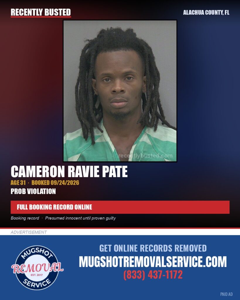 Cameron Ravie Pate — arrest record card, Alachua County, Florida