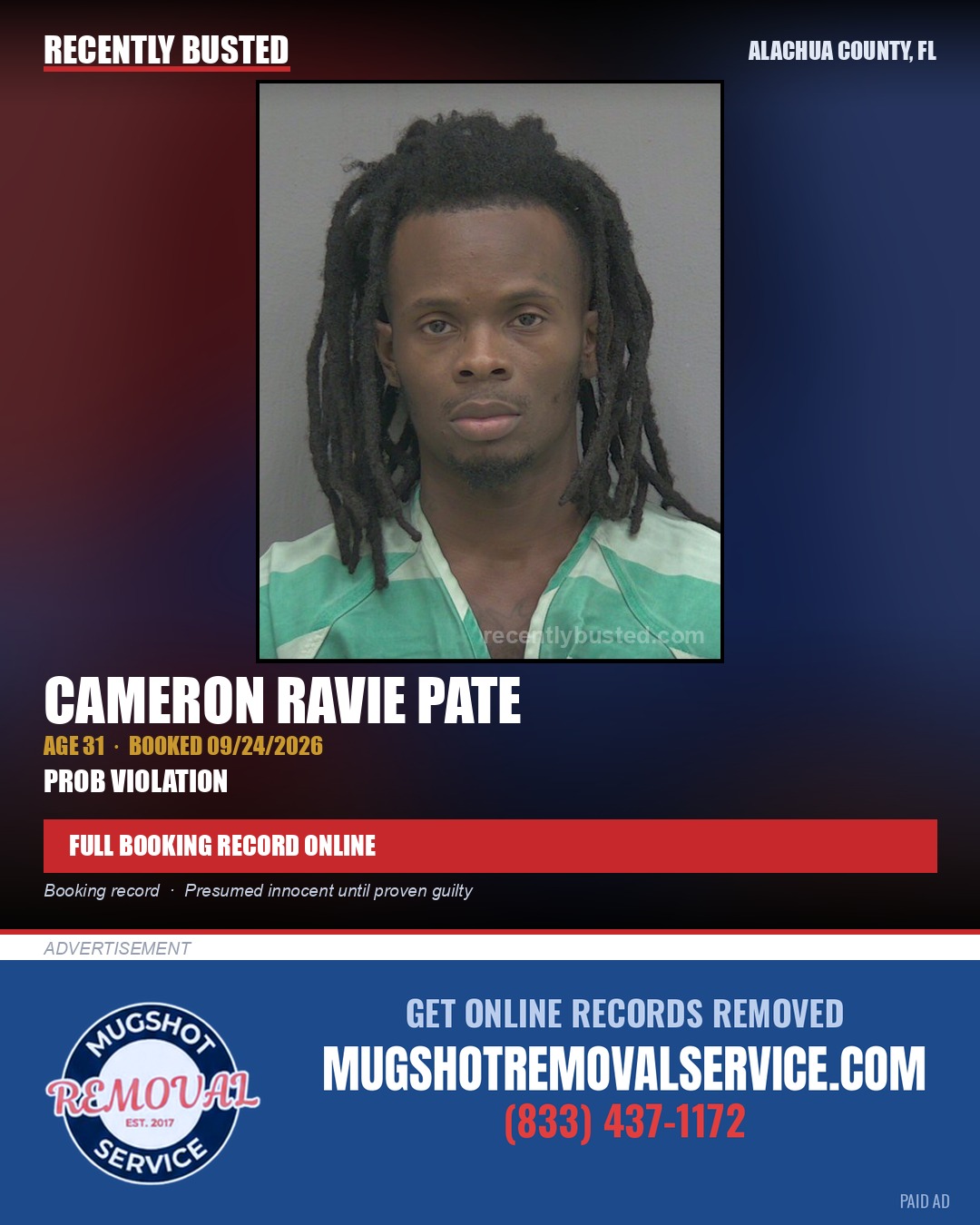 Cameron Ravie Pate — arrest record card, Alachua County, Florida