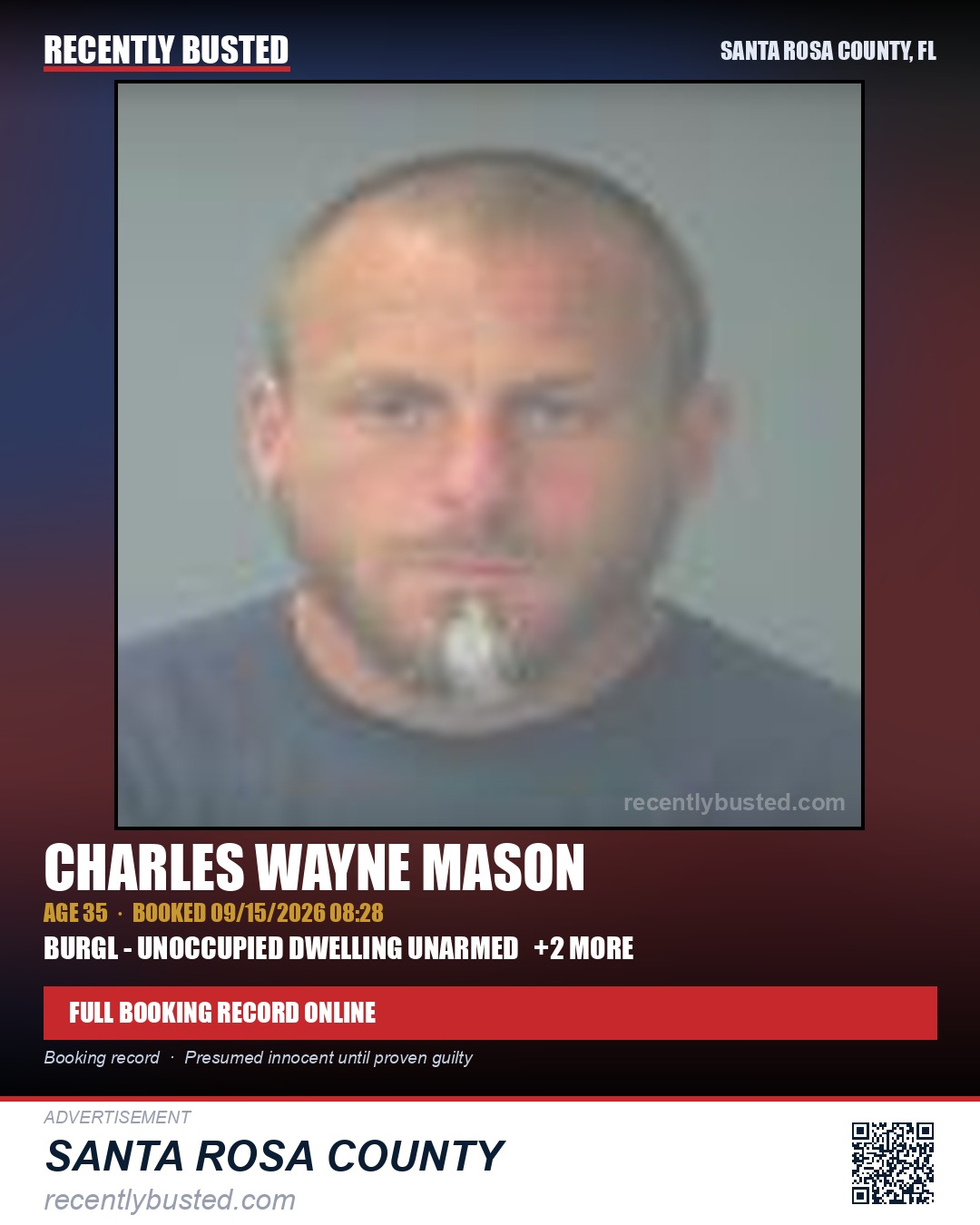 Charles Wayne Mason — arrest record card, Santa Rosa County, Florida