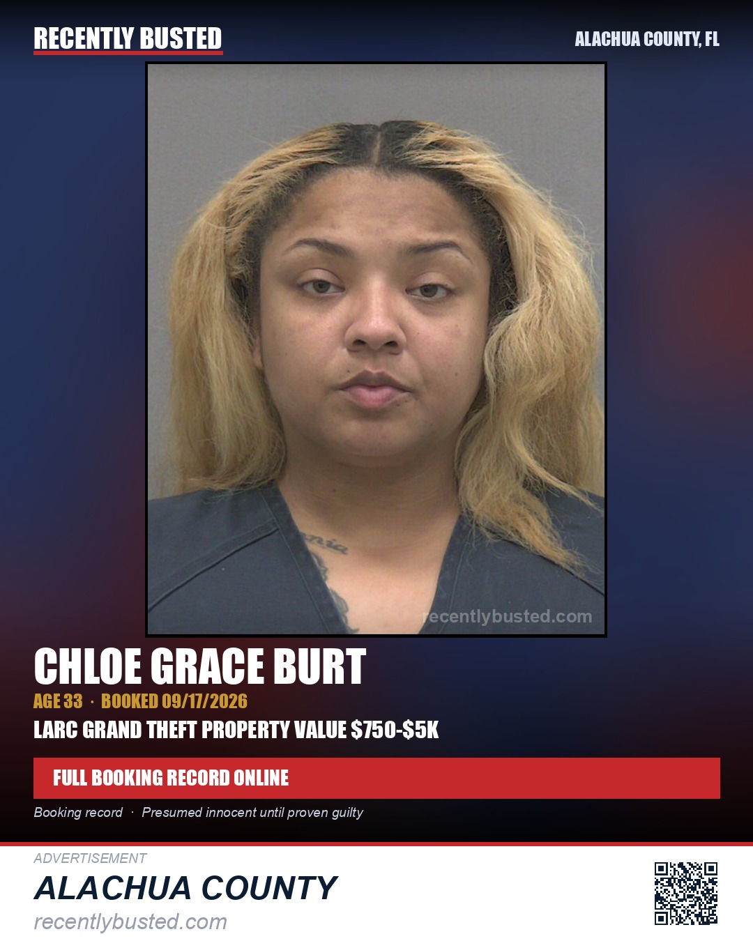 Chloe Grace Burt — arrest record card, Alachua County, Florida