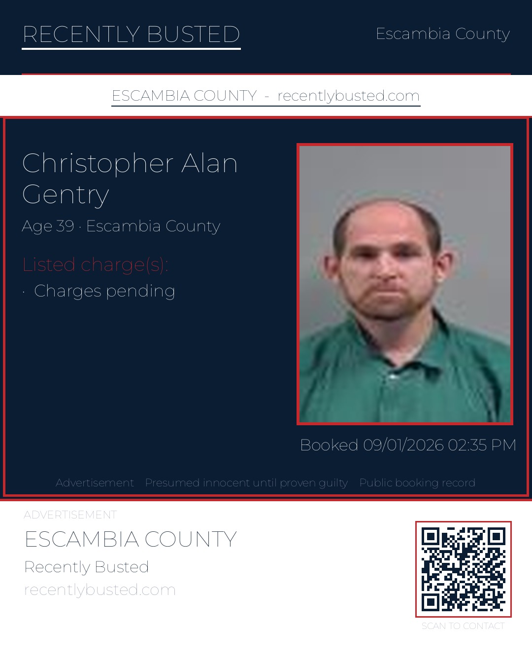 Christopher Alan Gentry — arrest record card, Escambia County, Florida