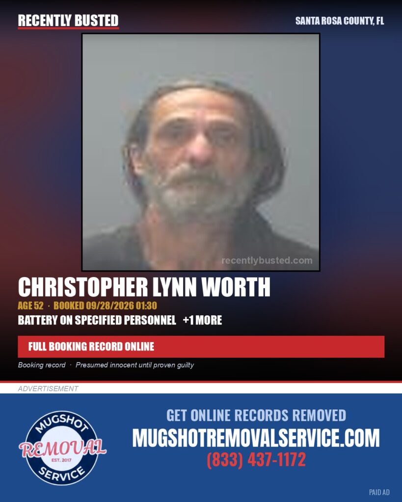 Christopher Lynn Worth — arrest record card, Santa Rosa County, Florida