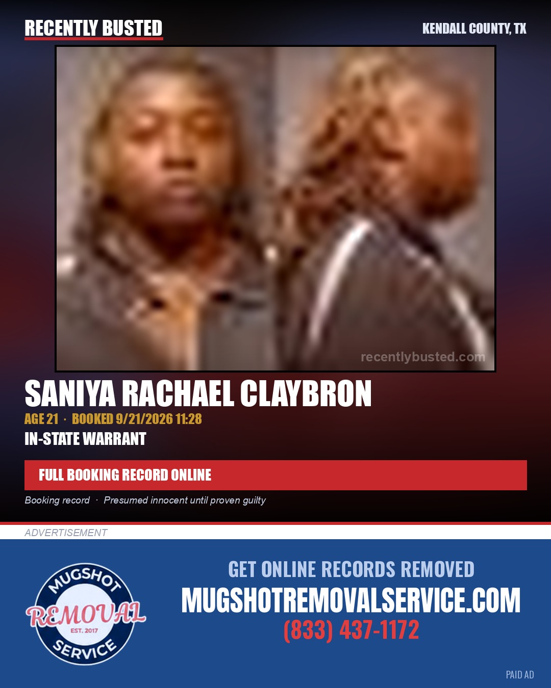 CLAYBRON, SANIYA RACHAEL — arrest record card, Kendall County, Illinois