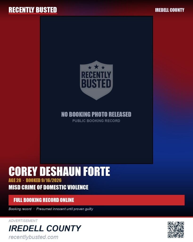 COREY DESHAUN FORTE — arrest record card, Iredell County