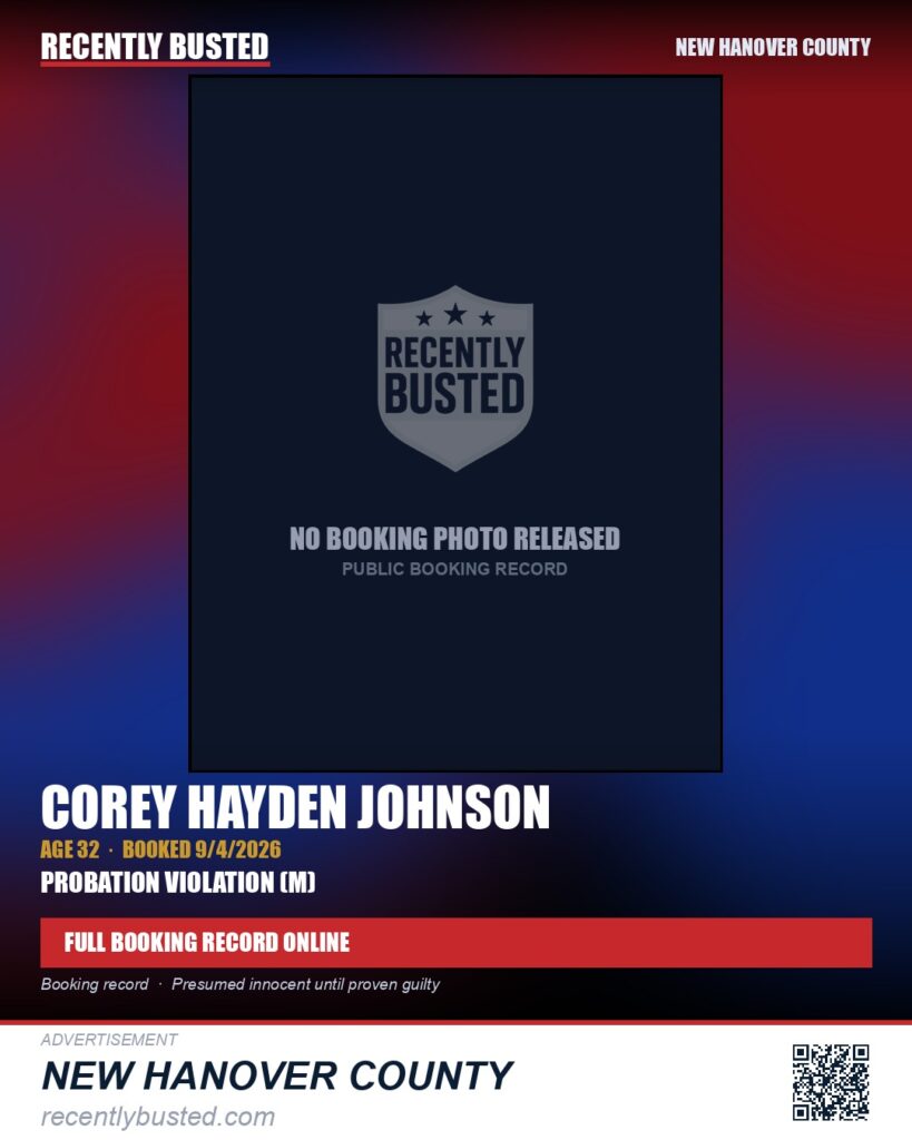 COREY HAYDEN JOHNSON — arrest record card, New Hanover County
