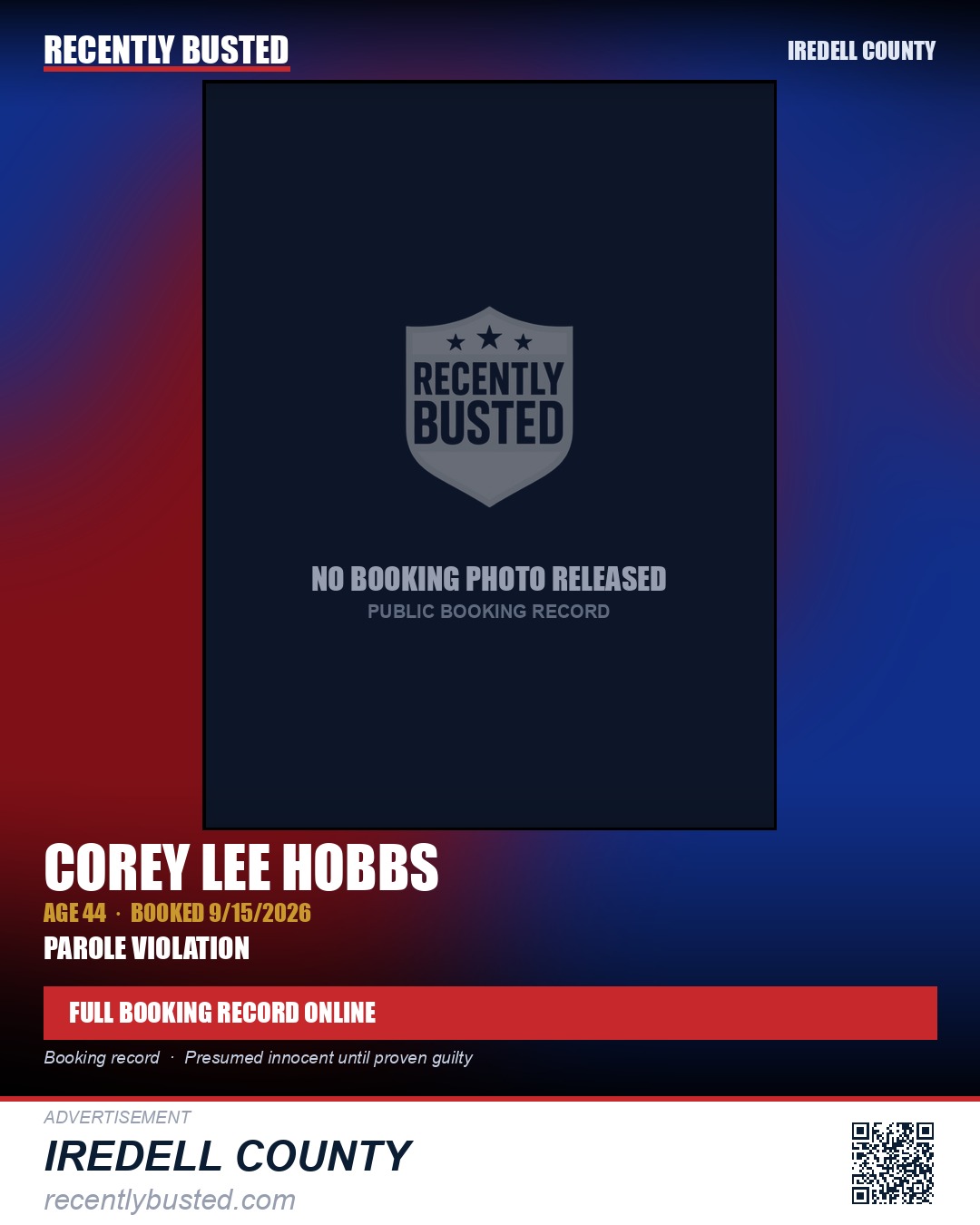 COREY LEE HOBBS — arrest record card, Iredell County