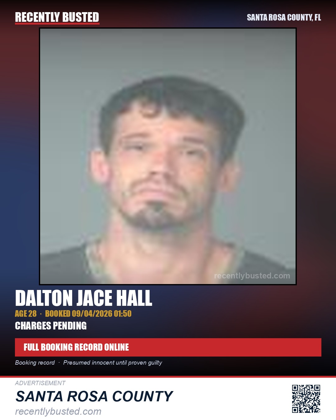 Dalton Jace Hall — arrest record card, Santa Rosa County, Florida
