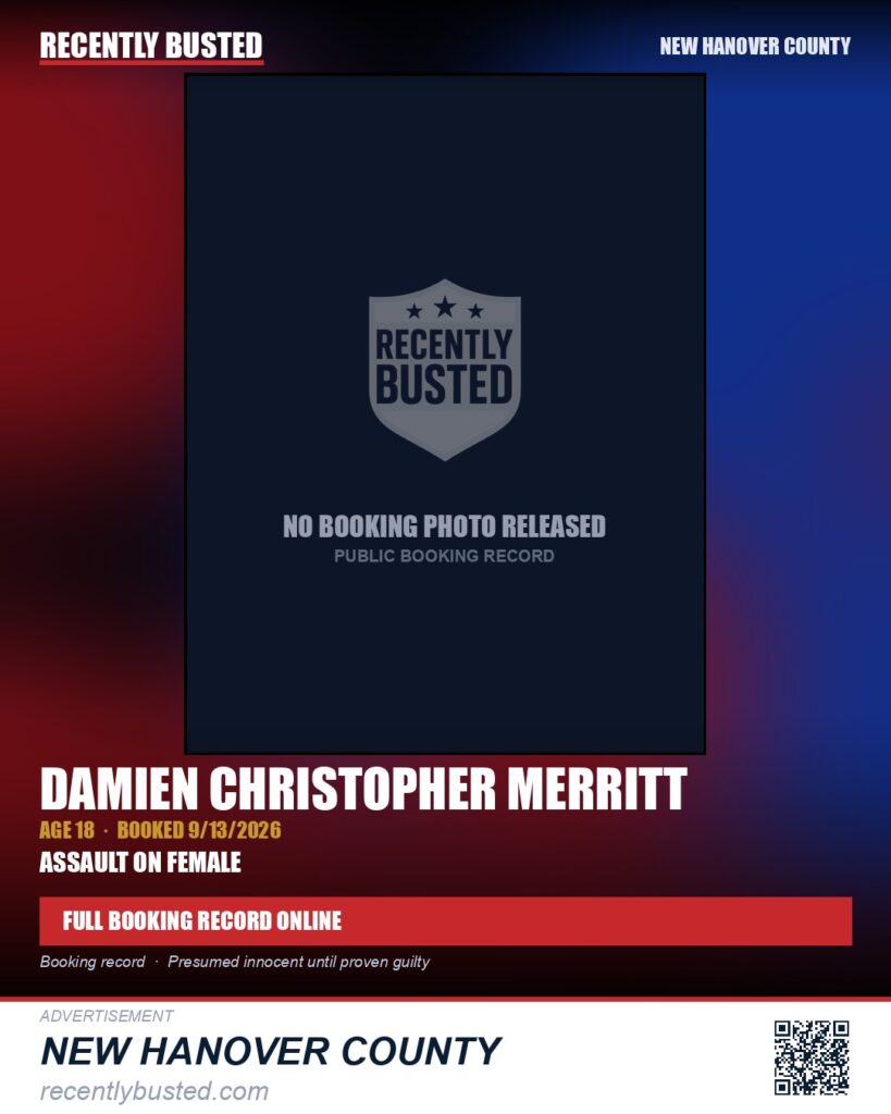 DAMIEN CHRISTOPHER MERRITT — arrest record card, New Hanover