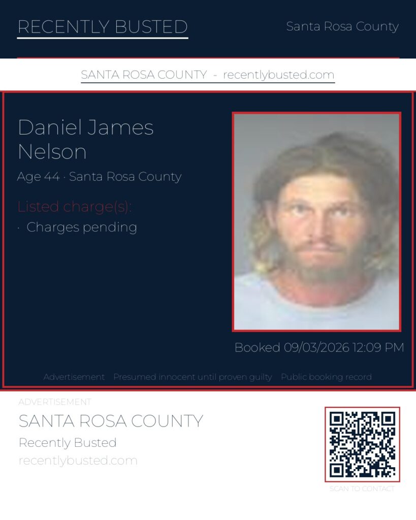 Daniel James Nelson — arrest record card, Santa Rosa County, Florida