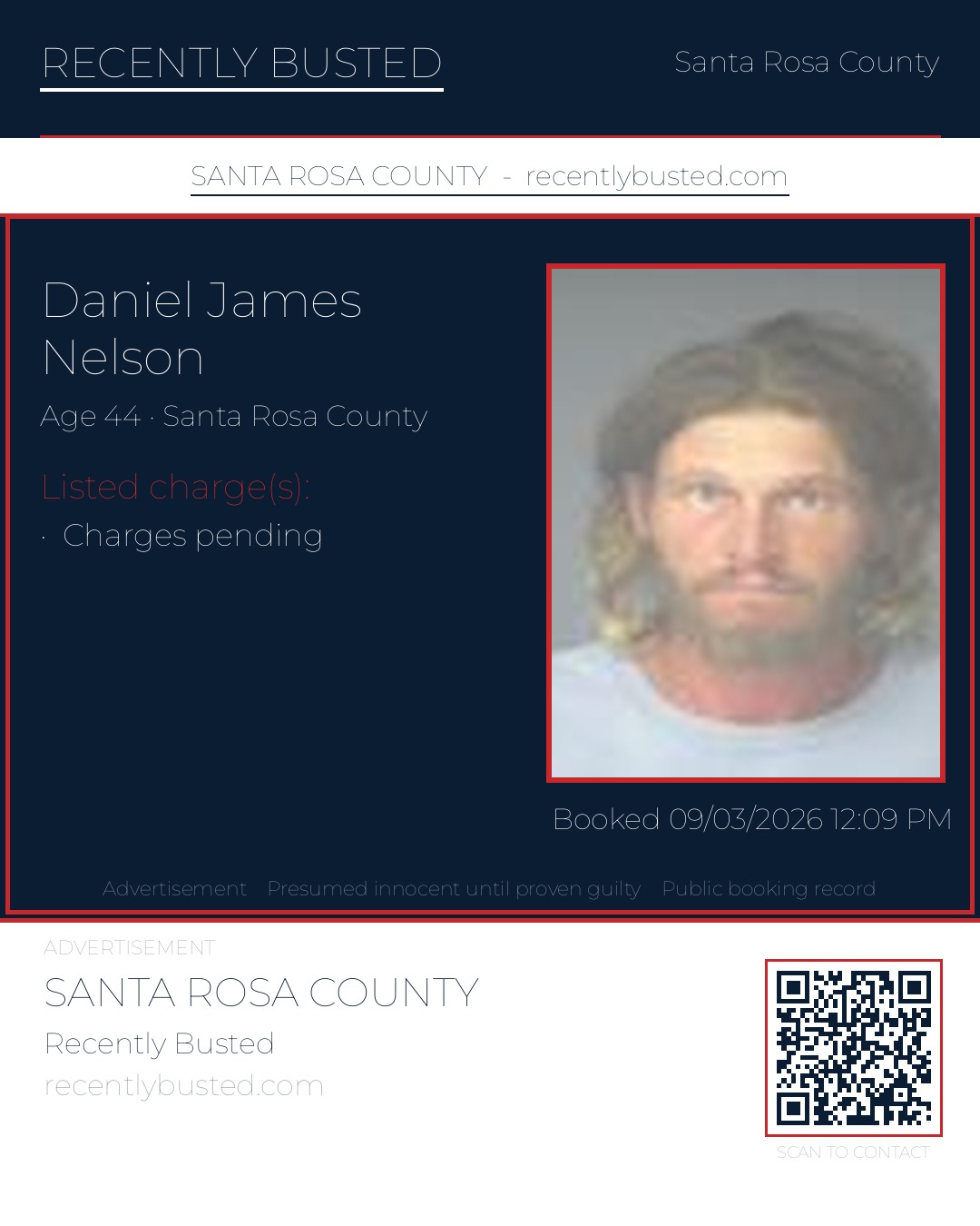 Daniel James Nelson — arrest record card, Santa Rosa County, Florida