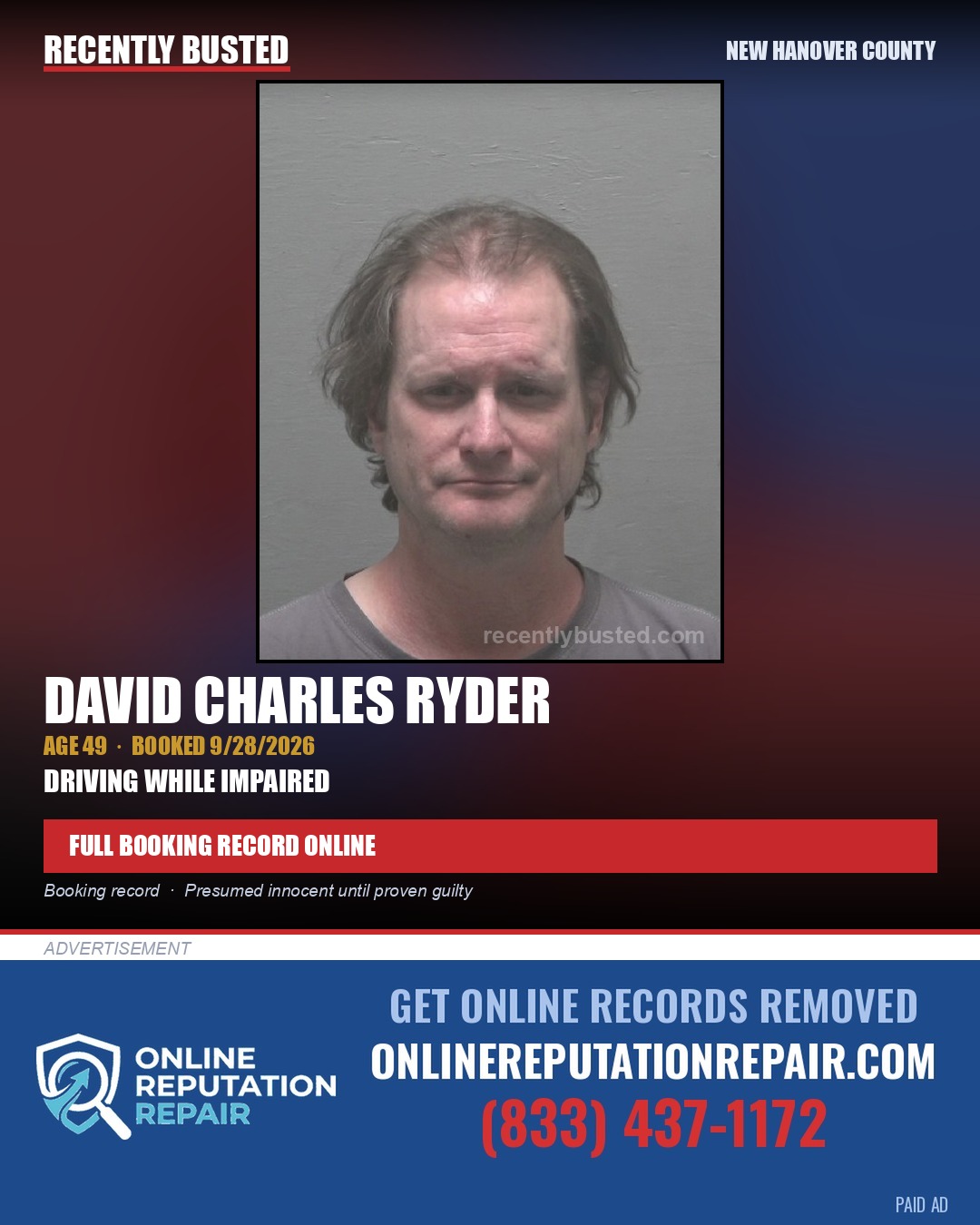 DAVID CHARLES RYDER — arrest record card, New Hanover County