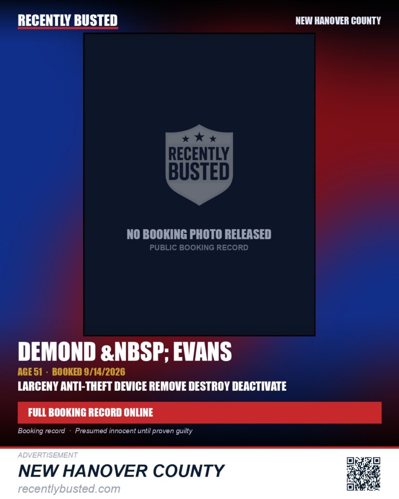 DEMOND EVANS — arrest record card, New Hanover