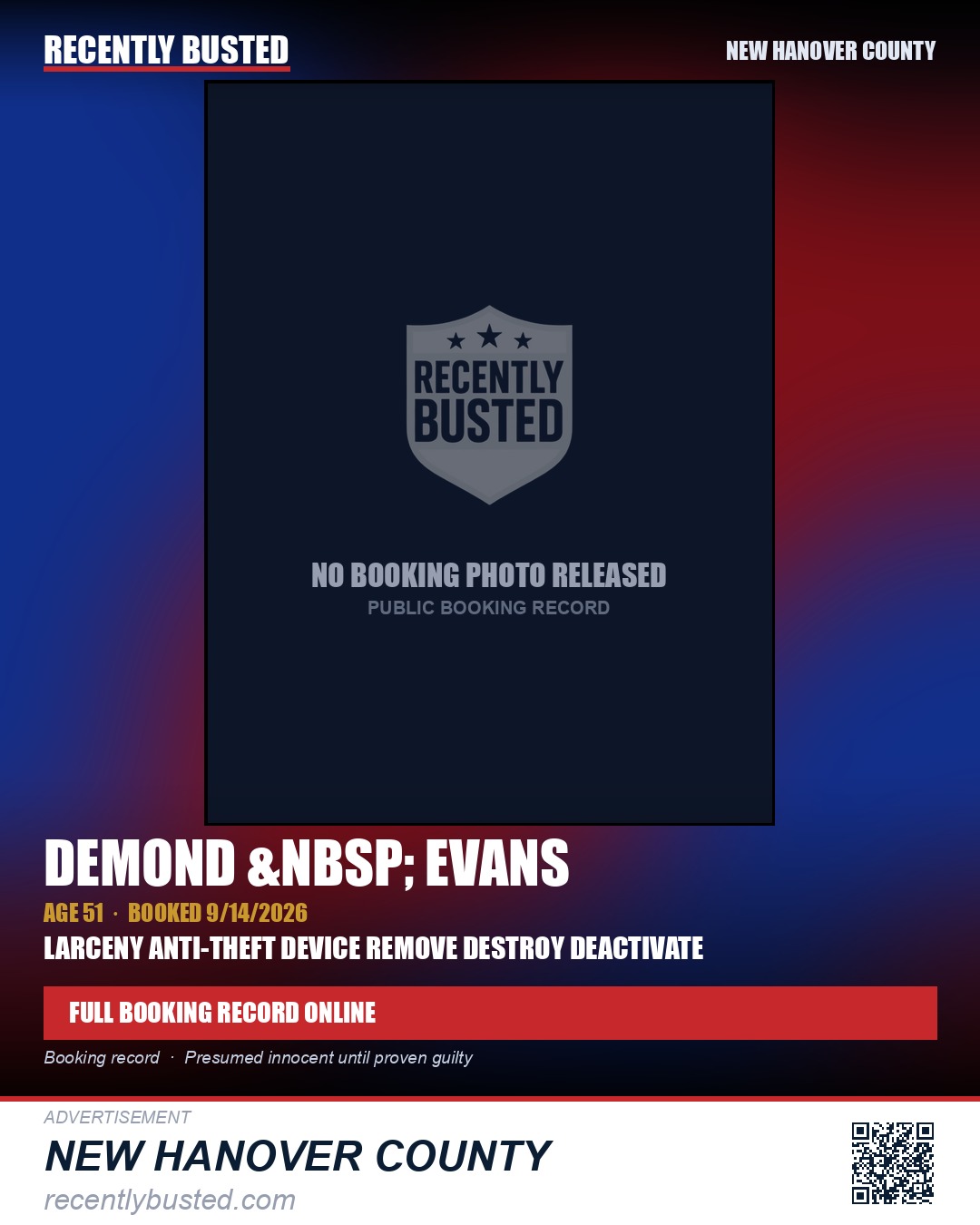 DEMOND EVANS — arrest record card, New Hanover County