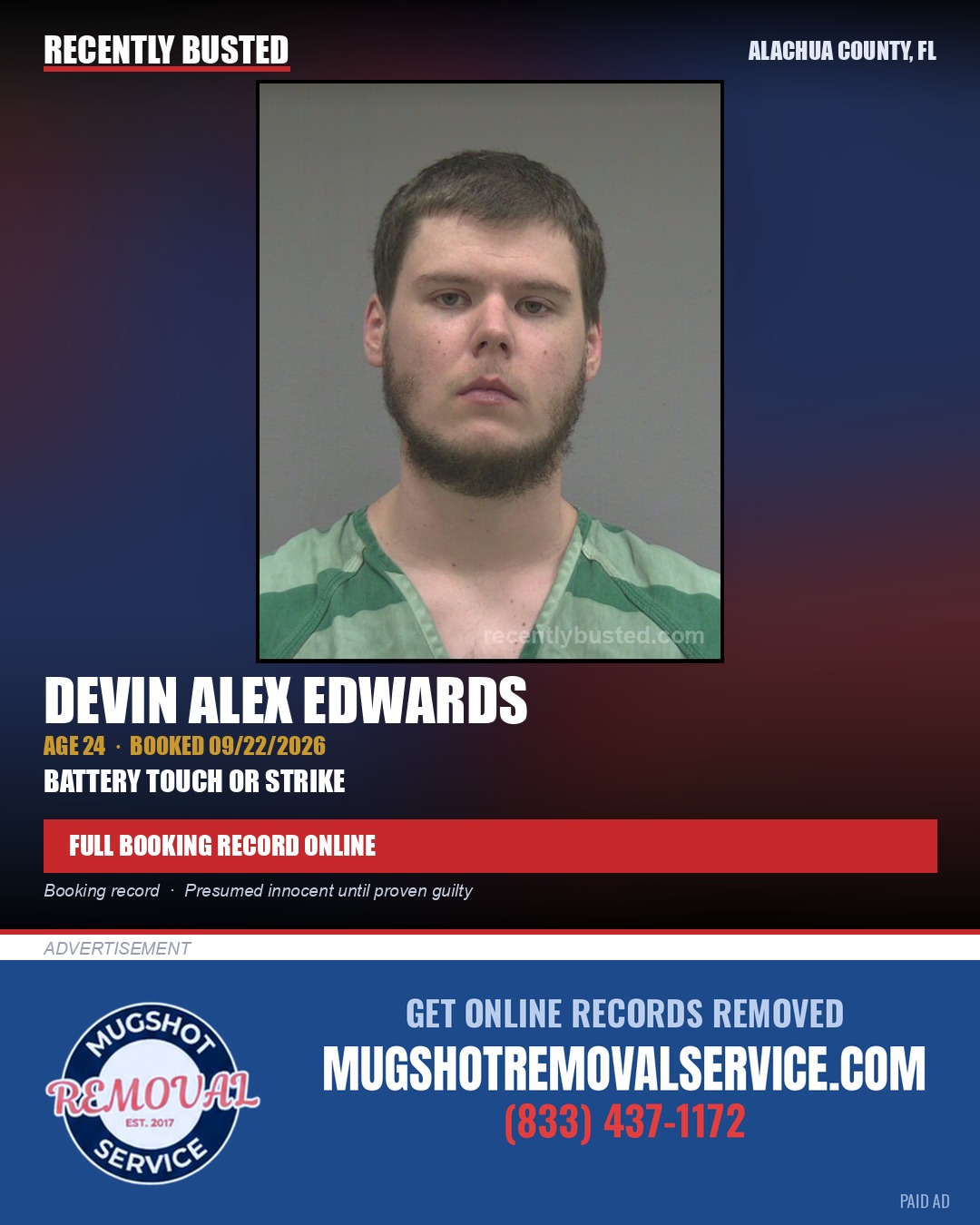 Devin Alex Edwards — arrest record card, Alachua County, Florida