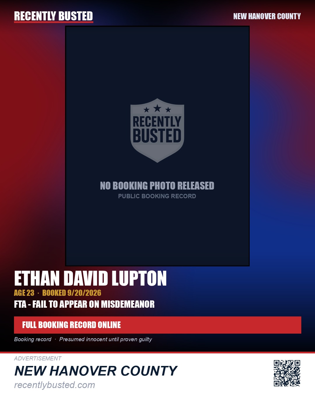 ETHAN DAVID LUPTON — arrest record card, New Hanover County