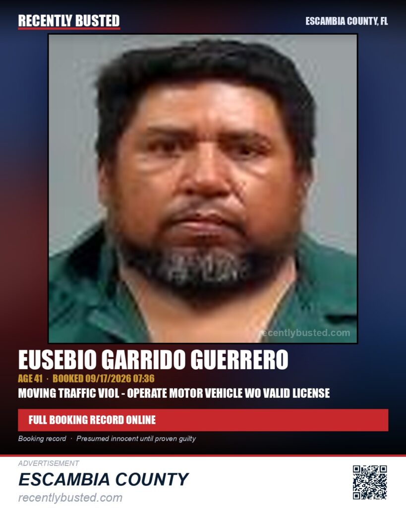 Eusebio Garrido Guerrero — arrest record card, Escambia County, Florida
