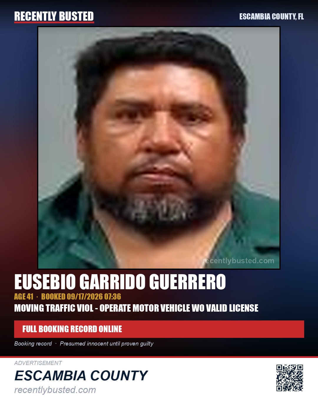 Eusebio Garrido Guerrero — arrest record card, Escambia County, Florida