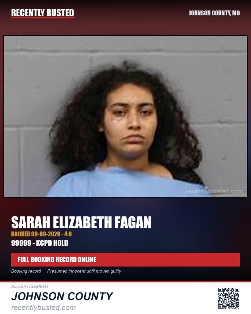 FAGAN, SARAH ELIZABETH — arrest record card, Johnson County, Missouri