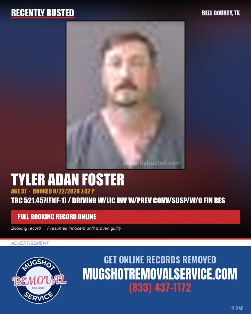 FOSTER, TYLER ADAN — arrest record card, Bell County, Texas