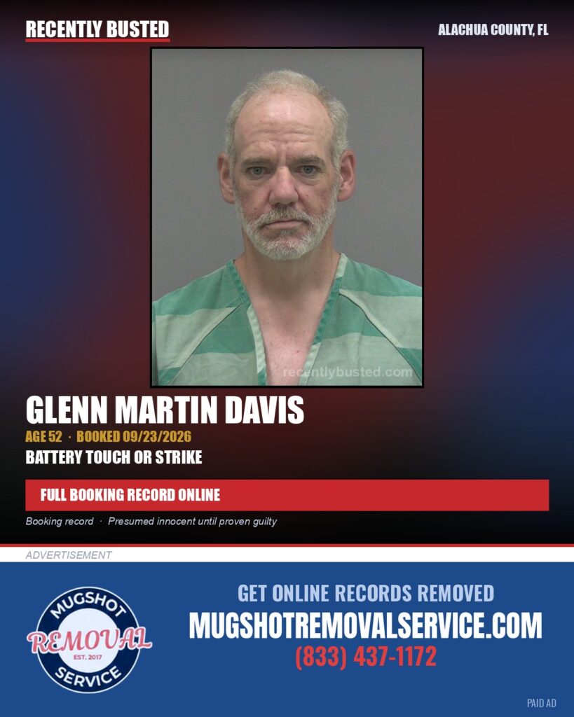Glenn Martin Davis — arrest record card, Alachua County, Florida