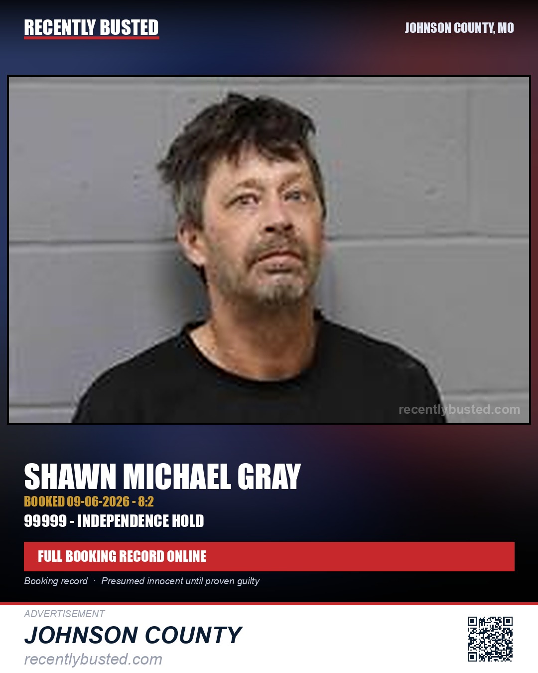 GRAY, SHAWN MICHAEL — arrest record card, Johnson County, Missouri