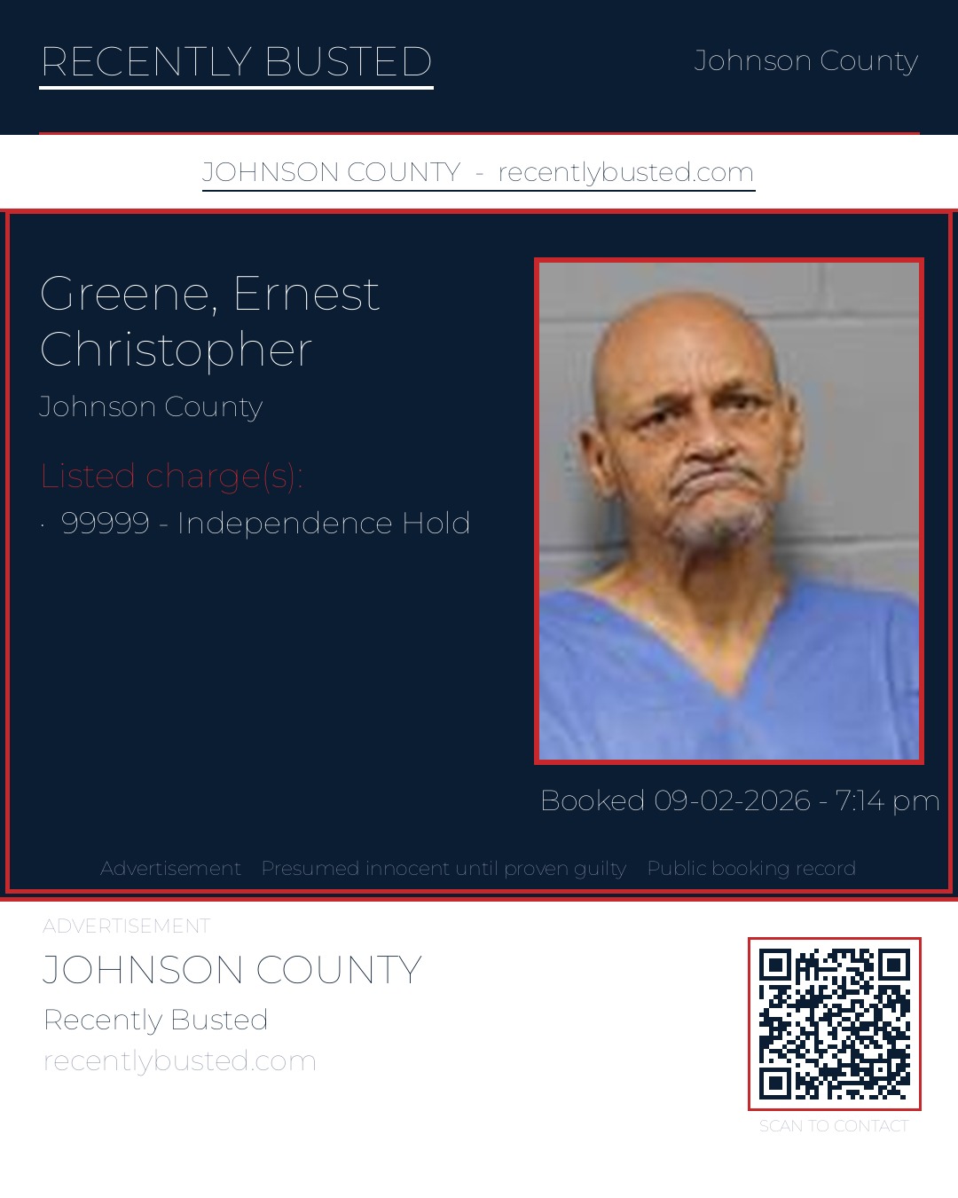 GREENE, ERNEST CHRISTOPHER — arrest record card, Johnson County, Missouri