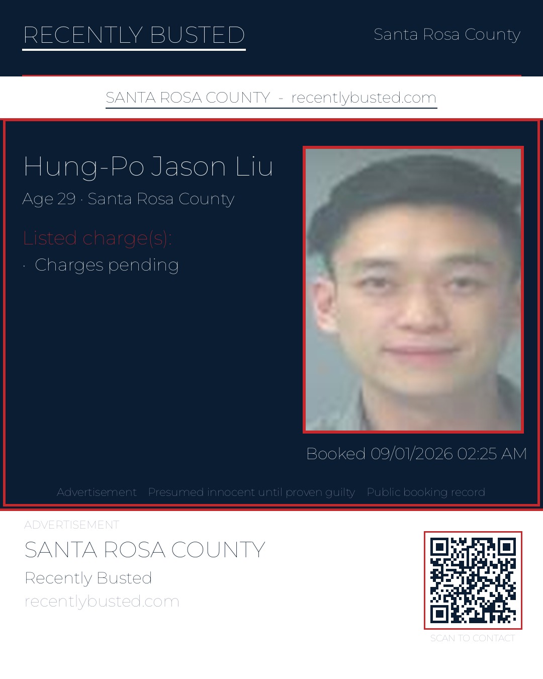 Hung-Po Jason Liu — arrest record card, Santa Rosa County, Florida