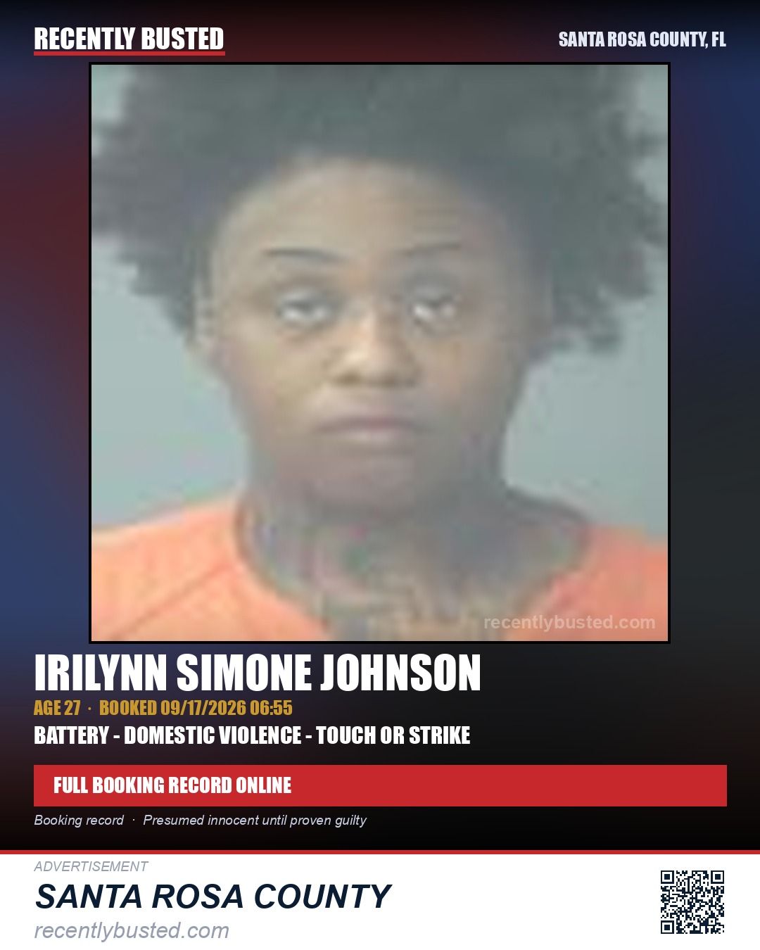 Irilynn Simone Johnson — arrest record card, Santa Rosa County, Florida