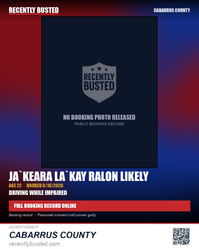 JA`KEARA LA`KAY RALON LIKELY — arrest record card, Cabarrus