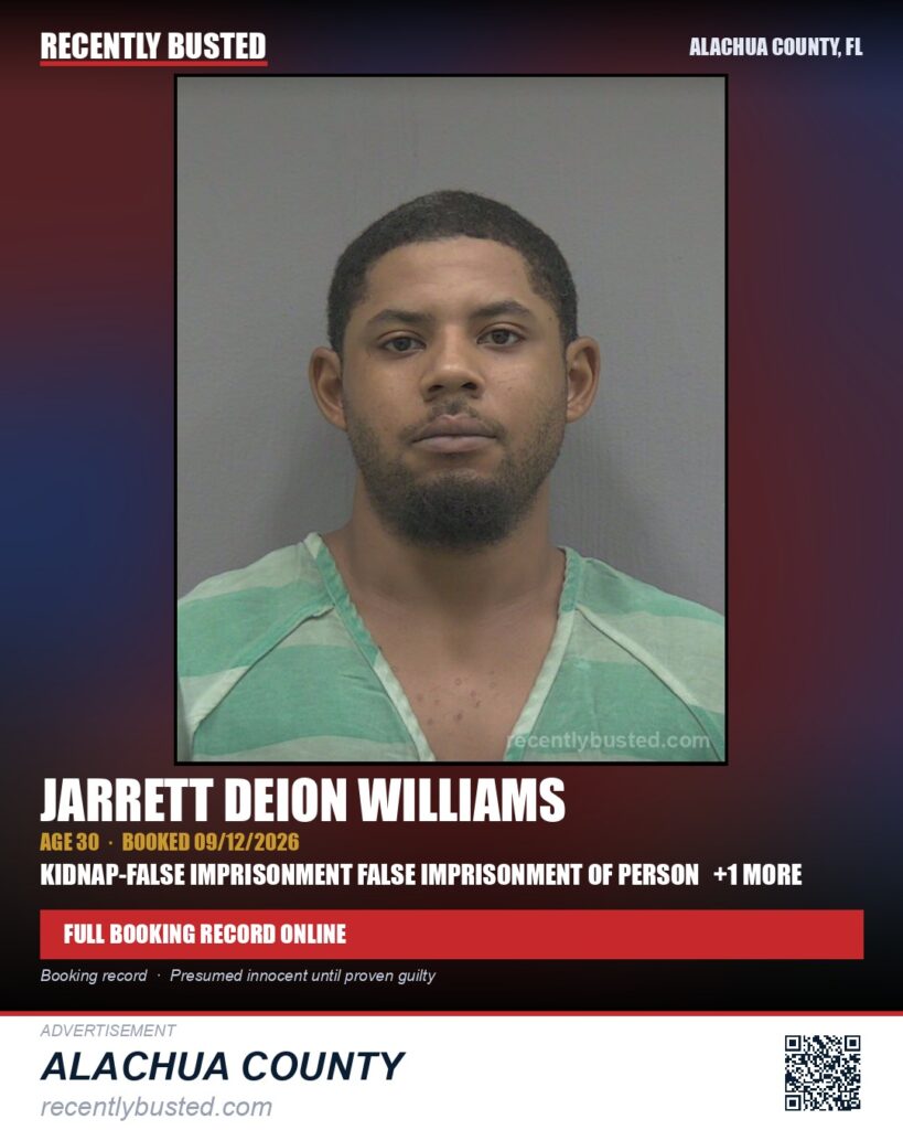 Jarrett Deion Williams — arrest record card, Alachua County, Florida