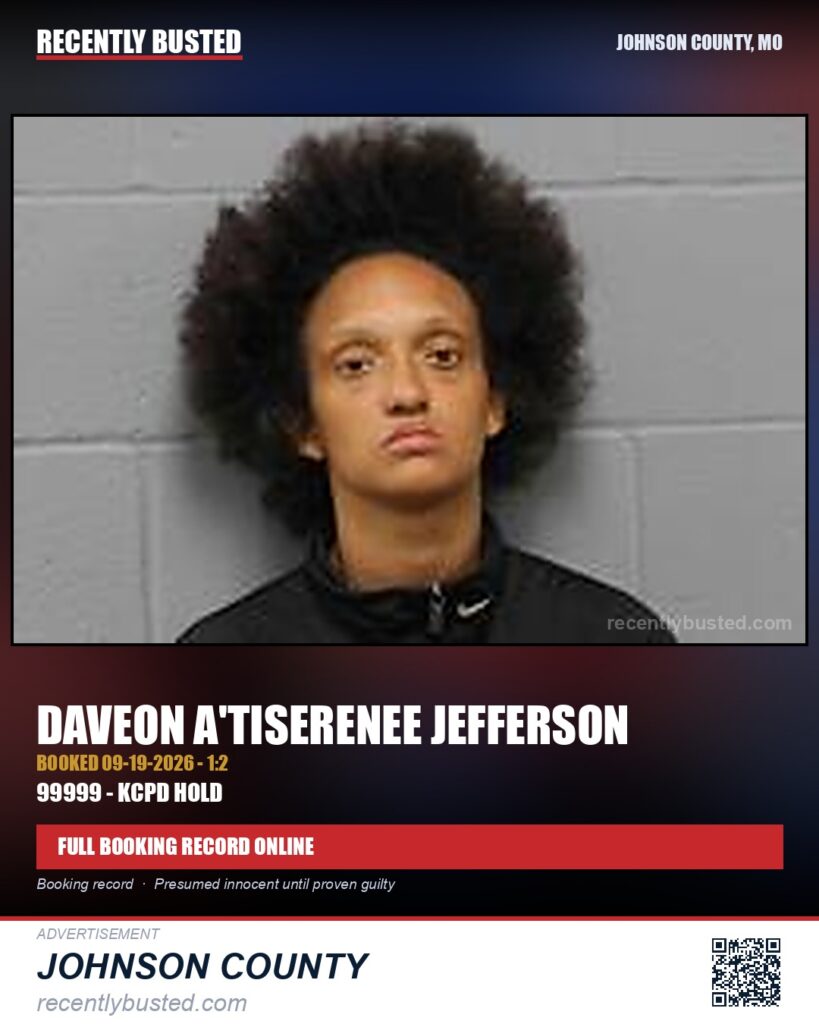 JEFFERSON, DAVEON A'TISERENEE — arrest record card, Johnson County, Missouri