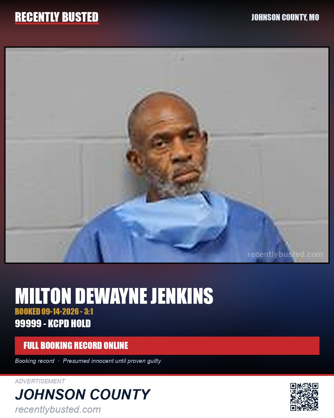 JENKINS, MILTON DEWAYNE — arrest record card, Johnson County, Missouri