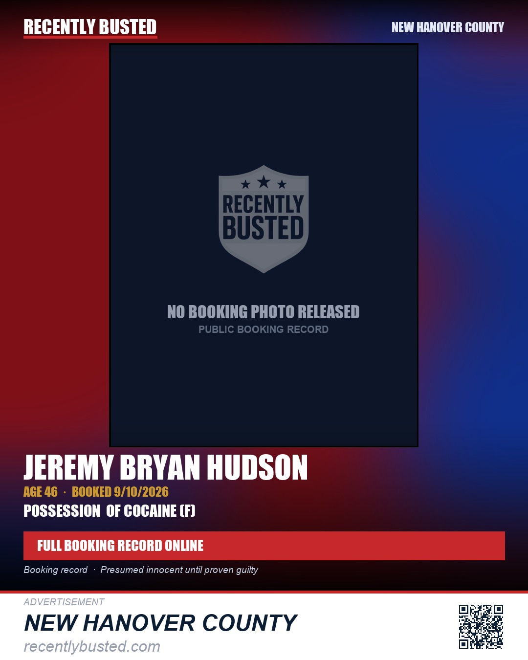 JEREMY BRYAN HUDSON — arrest record card, New Hanover County