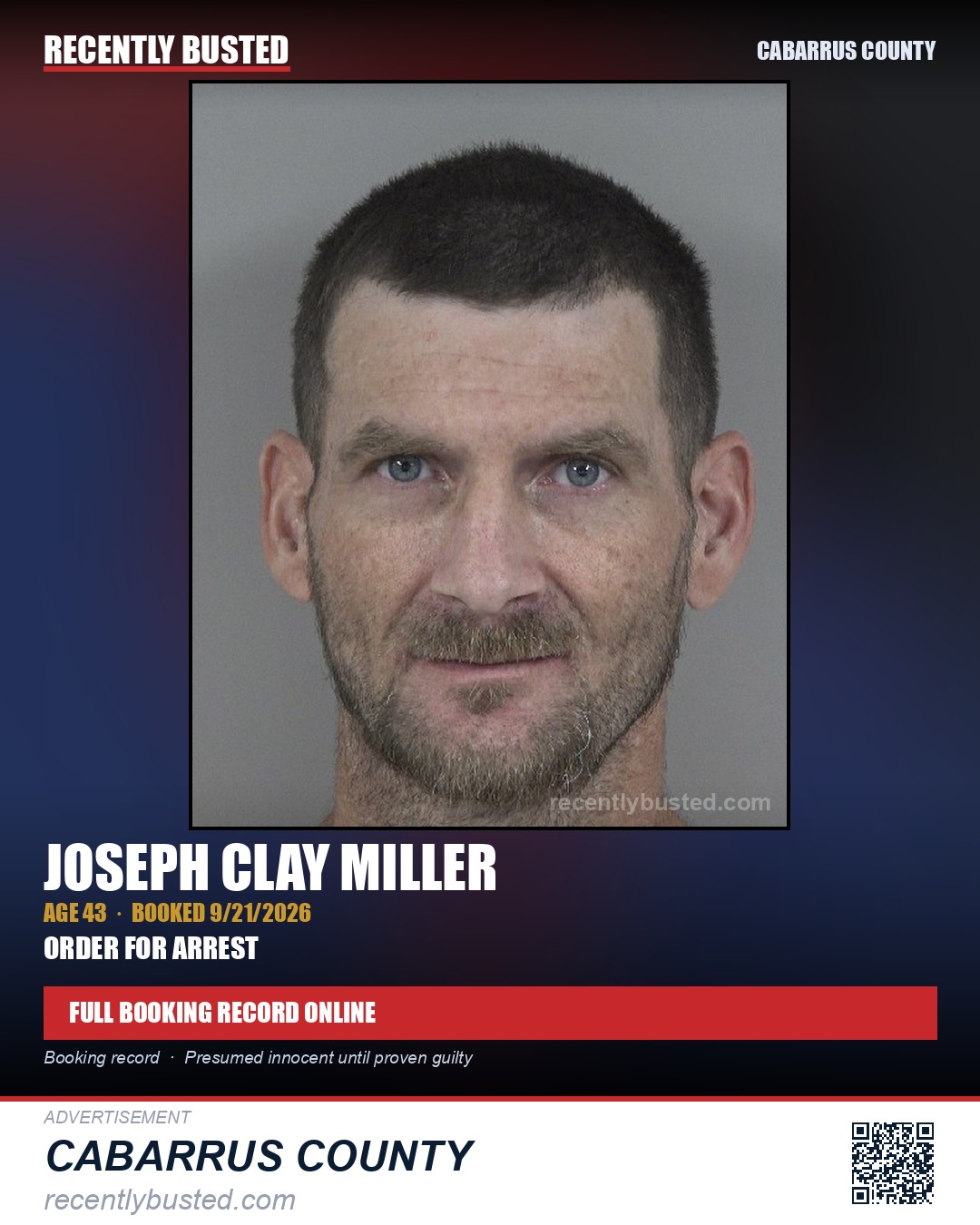 JOSEPH CLAY MILLER — arrest record card, Cabarrus County