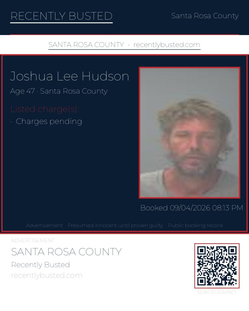 Joshua Lee Hudson — arrest record card, Santa Rosa County, Florida
