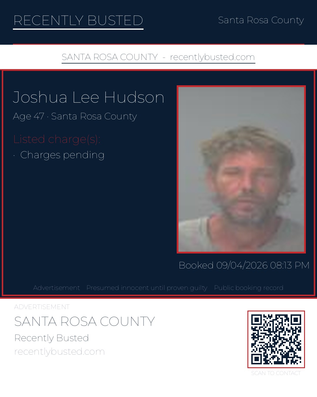 Joshua Lee Hudson — arrest record card, Santa Rosa County, Florida