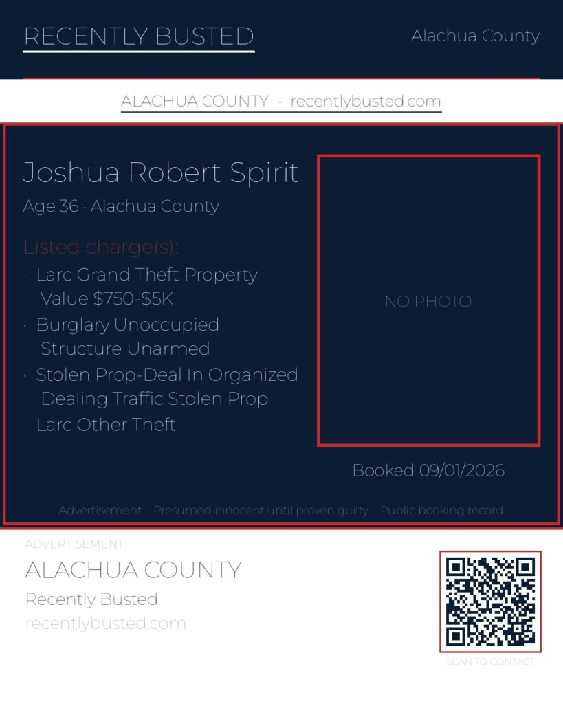 Joshua Robert Spirit — arrest record card, Alachua County, Florida