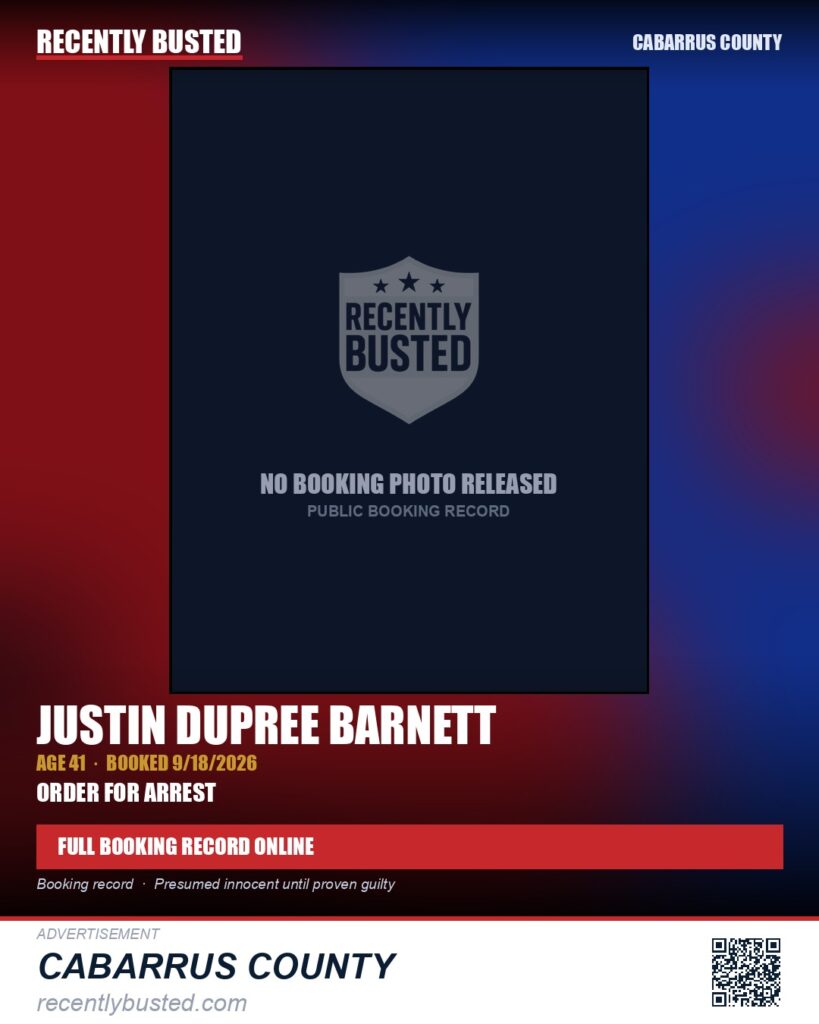 JUSTIN DUPREE BARNETT — arrest record card, Cabarrus County