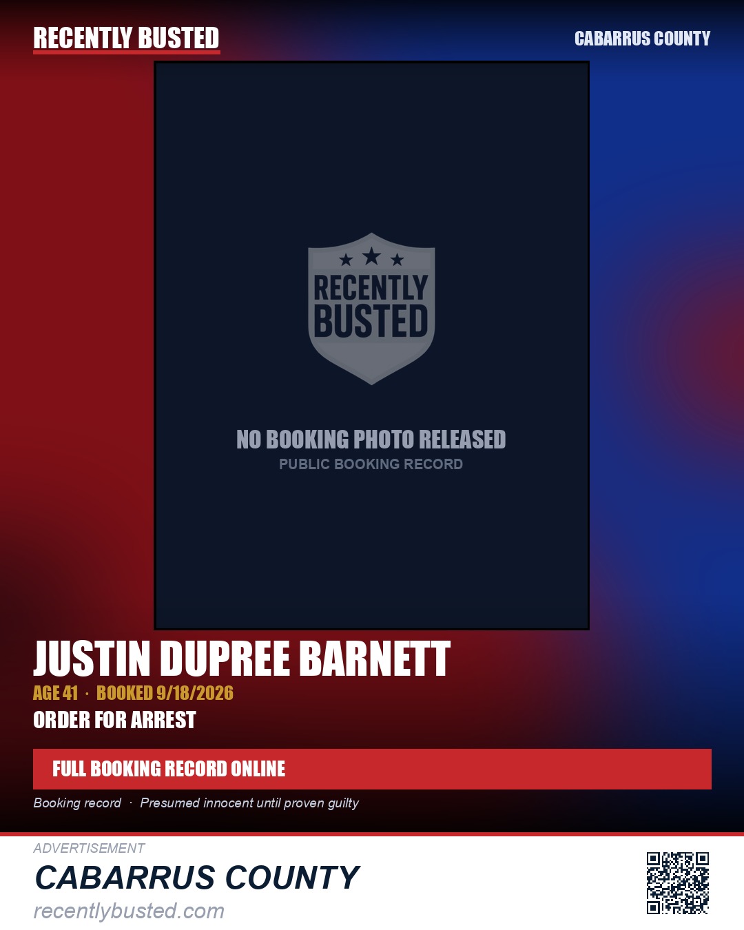 JUSTIN DUPREE BARNETT — arrest record card, Cabarrus County