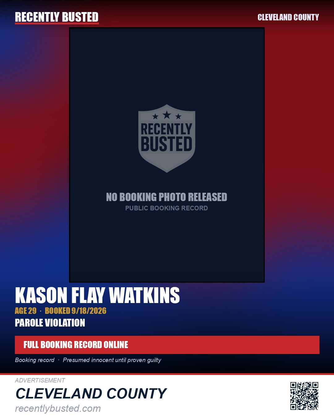 KASON FLAY WATKINS — arrest record card, Cleveland County