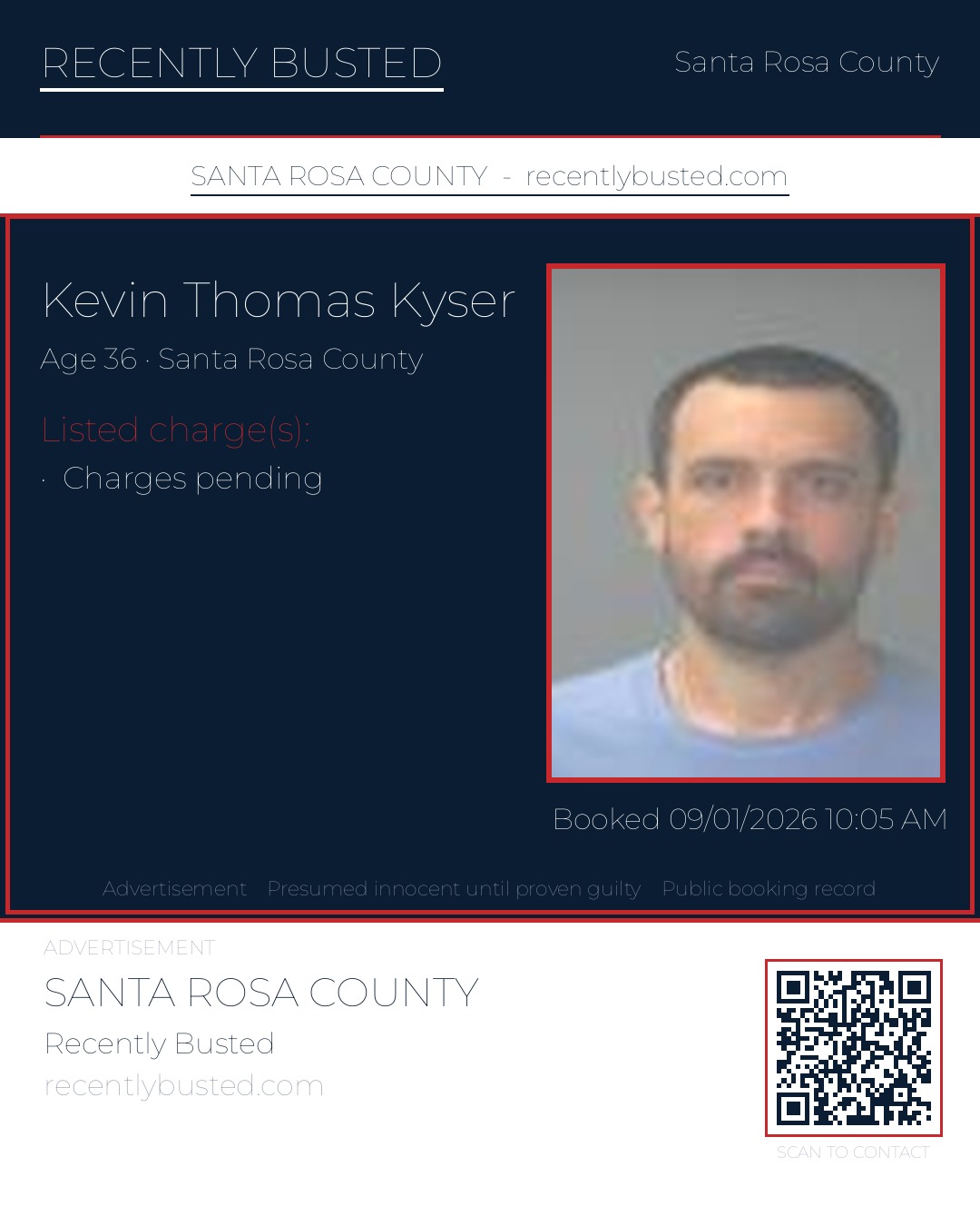 Kevin Thomas Kyser — arrest record card, Santa Rosa County, Florida