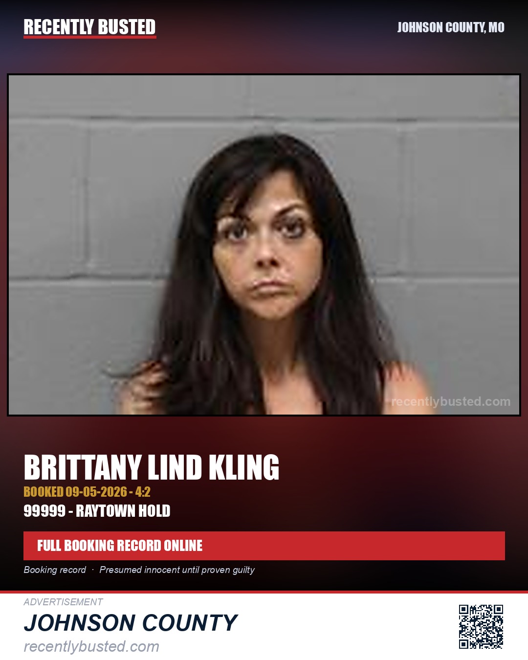 KLING, BRITTANY LIND — arrest record card, Johnson County, Missouri