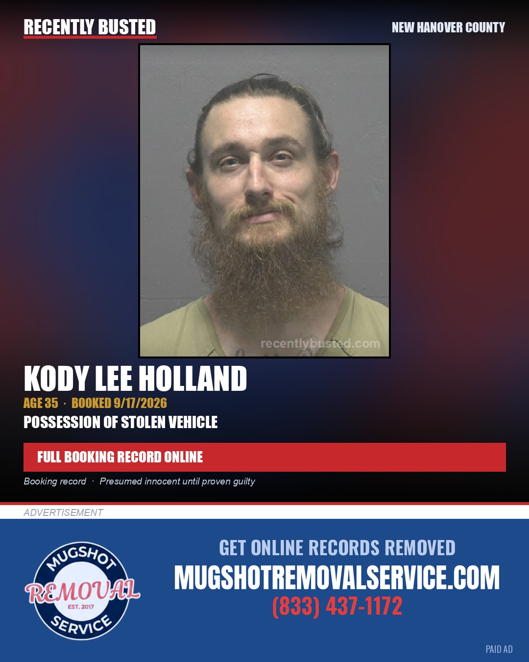 KODY LEE HOLLAND — arrest record card, New Hanover County